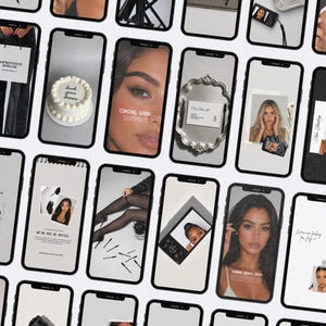 May include: A collection of smartphone screens displaying a grid of social media posts featuring various images including a small white cake with text, portraits, cameras, and business cards, all arranged in a repeating pattern on a light background.