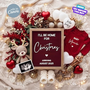 Kerst zwangerschap aankondiging digitaal, vakantie babyaankondiging bewerkbare sjabloon genderneutraal baby onthullen, kerst baby, verwacht in december