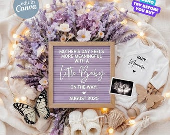 Könnte beinhalten: Eine lila und weiße Buchstaben-Tafel mit dem Text "Mother's Day feels more meaningful with a Little Baby on the way! August 2025". Außerdem sind ein weißer Strampler mit dem Text "Baby Manuela" und ein kleines Ultraschallbild zu sehen.