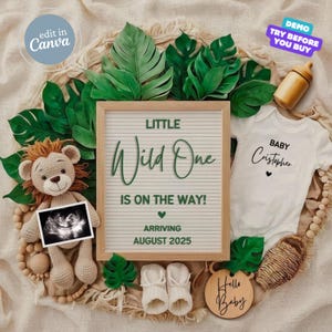 Adventure Baby Announcement Digital, Safari Pregnancy Announcement, Baby Boy Gender Reveal, Social Media Reveal Canva Template Leon Animal