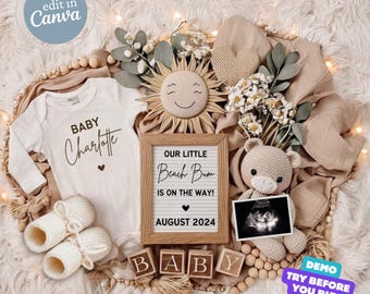 Summer Pregnancy Announcement, Boho Baby Announcement Digital, Gender Neutral Reveal, Social Media Template, Little Beach Bum Baby Revealing