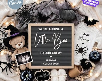 Halloween Pregnancy Announcement Digital, Fall Baby Announcement, Social Media Baby Gender Neutral Reveal Editable Canva Template Little Boo