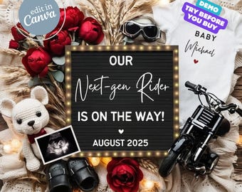 Motorcycle Baby Announcement Digital, Editable Pregnancy Announcement, Motocross Baby Reveal, Social Media Template, Baby Boy Gender Reveal