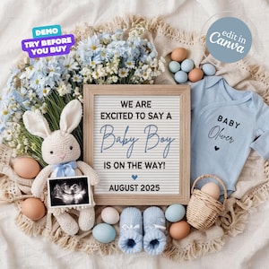 May include: A baby announcement sign with a white background and black text that reads "We are excited to say a Baby Boy is on the way! August 2025". There is a blue baby onesie with the text "Baby Oliver" on it, a crocheted bunny, a basket of eggs, and blue baby booties.