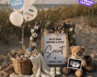 Beach Pregnancy Announcement Template, Summer Baby Reveal, Boho Baby Announcement Ideas, Digital Social Media Reveal, Gender Neutral Reveal