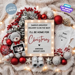 Christmas Pregnancy Announcement Digital, Holiday Baby Announcement Santa's Gift Baby, Editable Template Baby Gender Reveal, Due in December