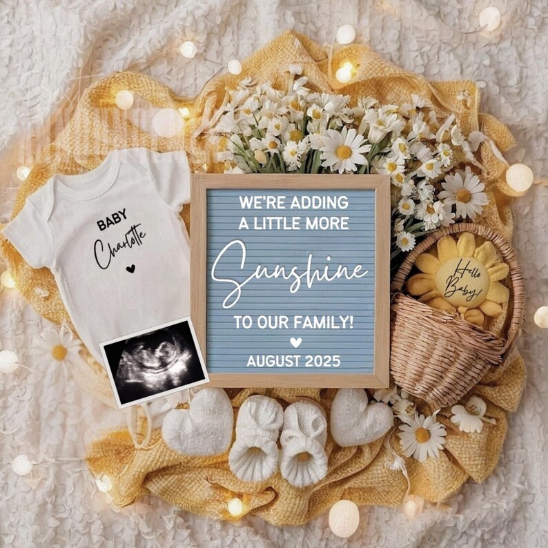 May include: A baby announcement featuring a white onesie with "Baby Charlotte" printed on it, an ultrasound image, and a letter board that reads "We're adding a little more Sunshine to our family! August 2025." The scene includes baby shoes, hearts, daisies, and a basket.
