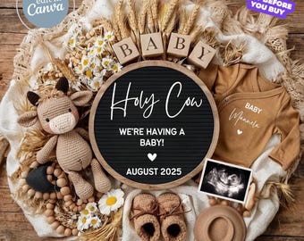 May include: A rustic baby announcement with a crochet cow, wooden blocks spelling "BABY", and a sign that reads "Holy Cow We're Having a Baby! August 2025". Includes a onesie, baby shoes, and an ultrasound image.