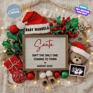 Kerstzwangerschapsaankondiging digitaal, vakantie babyaankondiging bewerkbare sjabloon genderneutraal baby onthullen, kerstman baby verwacht in december