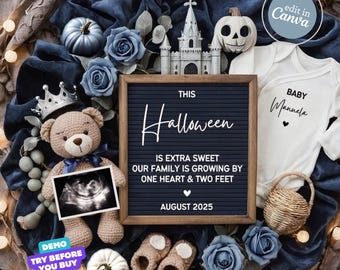 Halloween Pregnancy Announcement Digital, Baby Boy Announcement Social Media, Baby Announcement Halloween, Editable Template, Spooky Season