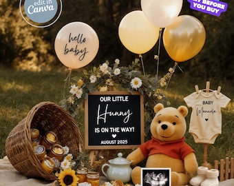 Boho Winnie the Pooh Pregnancy Announcement Digital Pooh Bear Baby Announce Editable Social Media Template, Gender Baby Reveal, Little Hunny