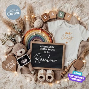 Regenboogbabyaankondiging digitaal, boho-zwangerschapsaankondiging, genderneutraal sjabloon, sociale media baby onthullen, regenboogbaby onderweg