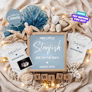 Twin Pregnancy Announcement, Twin Baby Announcement Digital, Beach Pregnancy Announce, Gender Neutral Twins Reveal, Social Media Template