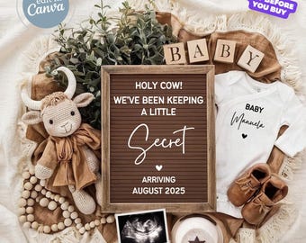 May include: A pregnancy announcement with a brown letter board that reads "Holy Cow! We've been keeping a little secret arriving August 2025." Includes a baby onesie, baby shoes, a stuffed cow, and a sonogram.