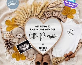 Fall Baby Announcement Digital, Autumn Baby Reveal, Pregnancy Announcement, Gender Neutral Social Media Reveal, Fall in Love, Little Pumpkin