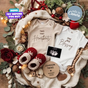 May include: Two white onesies with the text "Two Tiny Heartbeats" and "One Big Blessing" on them, a pair of red and white knitted baby booties, a wooden round sign with the text "Johnson Twins August 2025", and a small ultrasound image.