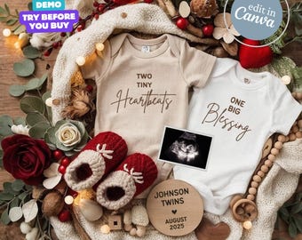 Puede incluir: Dos bodies blancos con el texto "Two Tiny Heartbeats" y "One Big Blessing" en ellos, un par de botines de bebé de punto rojo y blanco, un letrero redondo de madera con el texto "Johnson Twins August 2025" y una pequeña imagen de ultrasonido.