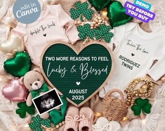 Twin Baby Announcement St Patricks Day, Twins Reveal, Baby Announcement Extra Lucky, Social Media Reveal Instagram Post, March Baby Reveal