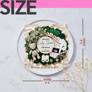 May include: A green and gold baby shower centerpiece with a wooden sign that reads "Our Little Lucky Charm is on the way! August 2025". The centerpiece also includes a baby onesie, a teddy bear, and a shamrock.