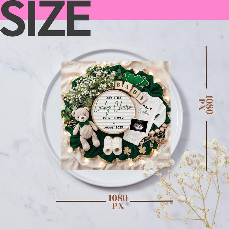 May include: A green and gold baby shower centerpiece with a wooden sign that reads "Our Little Lucky Charm is on the way! August 2025". The centerpiece also includes a baby onesie, a teddy bear, and a shamrock.