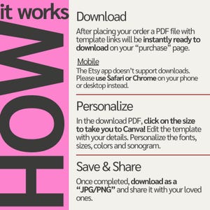 May include: A pink and white graphic with the words "it works" and "HOW" in large black letters. The text explains how to download, personalize, and save a template from a PDF file.