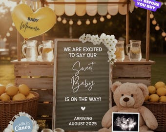 May include: A baby announcement scene with a lemonade stand theme. A heart-shaped balloon says "Baby Manuela." A sign reads "We are excited to say our Sweet Baby is on the way! Arriving August 2025." A teddy bear holds an ultrasound image.