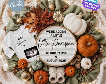 Little Pumpkin Baby Reveal, Fall Pregnancy Announcement, Baby Announcement Digital, Gender Neutral Reveal, Editable Social Media Template
