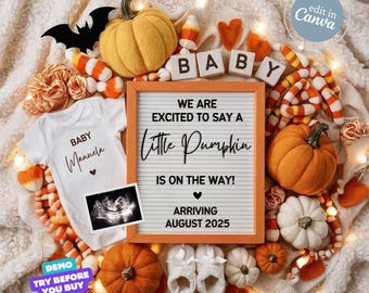 Halloween Pregnancy Announcement Digital, Fall Baby Reveal, Little Boo, Spooky Season, Canva Editable Template, Halloween Baby Gender Reveal