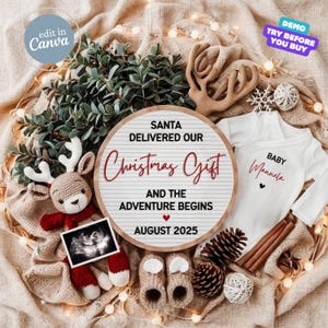 Kerstzwangerschapsaankondiging digitaal, avontuurlijke babyaankondiging, bewerkbare sjabloon voor sociale media, vakantie baby gender Reveal, december