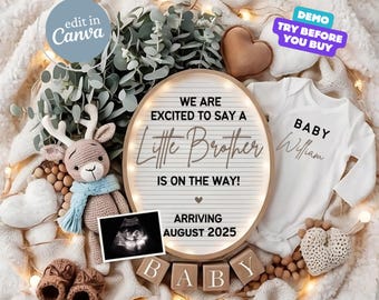 May include: A wooden sign with a light-up display announcing the arrival of a little brother in August 2025. The sign is surrounded by baby items, including a onesie, booties, and a stuffed animal.