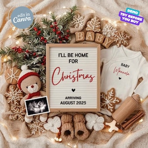 Faire-part de grossesse Noël numérique, faire-part de Noël pour bébé, modèle de faire-part de bébé modifiable sur les réseaux sociaux, sexe de bébé de vacances, décembre