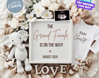 Könnte beinhalten: Eine weiße Buchstabenwand mit dem Text "THE Grand Finale IS ON THE WAY! AUGUST 2025" in roségoldenen Buchstaben. Ein weißes gehäkeltes Elefantenspielzeug sitzt auf einer braunen Decke mit weißen Blumen und einem weißen Strampler mit dem Text "BABY Charlotte" in roségoldenen Buchstaben.