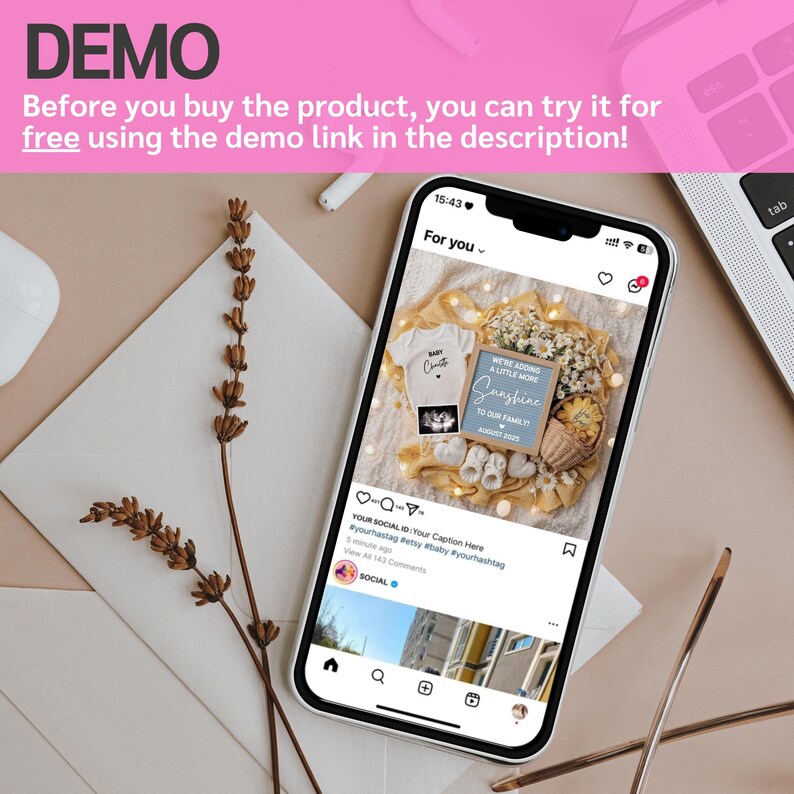 May include: A smartphone displays a pregnancy announcement with a baby onesie, ultrasound image, and a sign that reads "We're adding a little more sunshine to our family August 2023." The image is on a light-colored surface with lavender and a laptop.