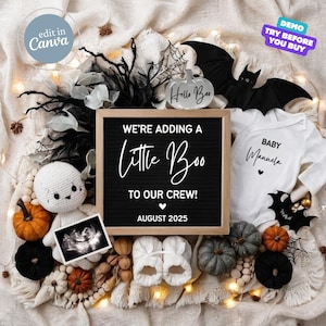 Halloween Pregnancy Announcement Digital, Halloween Baby Announcement, Social Media Baby Gender Neutral Reveal Editable Template Little Boo