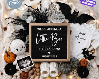 Halloween Pregnancy Announcement Digital, Halloween Baby Announcement, Social Media Baby Gender Neutral Reveal Editable Template Little Boo
