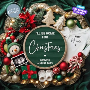 I'll Be Home for Christmas Zwangerschapsaankondiging, kerstbabyaankondiging, vakantiegeslacht van babygenderonthulling digitaal canvassjabloon, verwacht in december
