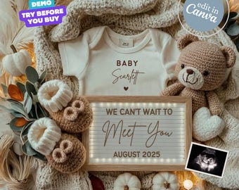 Digital Pregnancy Announcement, Baby Announcement Simple, Neutral Baby Reveal, Editable Social Media Template, Gender Reveal Boho Teddy Bear