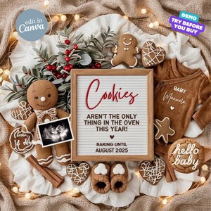 Faire-part de grossesse de Noël numérique, faire-part de bébé de vacances, modèle modifiable sexe du bébé révélé, prévu pour décembre, biscuits au four