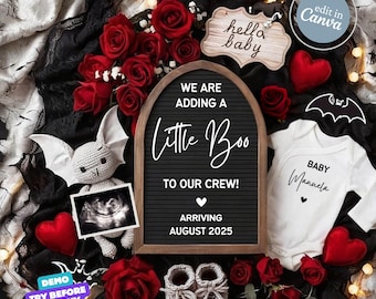May include: A baby announcement with a Halloween theme. Features a black background, red roses, and a letter board saying "We are adding a Little Boo to our crew!" A white babygrow says "Baby Manuela". Includes a crochet bat and baby booties.
