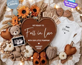 Fall Baby Announcement, Pregnancy Announcement Digital, Gender Neutral Social Media Reveal Editable Template Autumn Baby Reveal Fall in Love