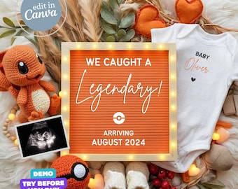 Op de afbeelding: Een witte romper met de tekst "Baby Oliver" erop, een letterbord met de tekst "We caught a Legendary! Arriving August 2024", een gehaakt oranje Pokemon-figuur, een echografiebeeld en een gehaakte oranje en zwarte Pokeball.