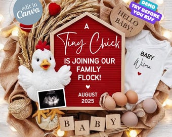 Faire-part de grossesse poulailler, faire-part de bébé numérique, révélateur de sexe neutre, modèle de médias sociaux, révélateur de bébé Boho, ferme