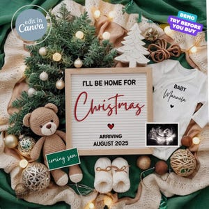 Christmas Baby Reveal I'll Be Home for Xmas Zwangerschapsaankondiging Digitale vakantie babyaankondiging bewerkbare sociale mediasjabloon december