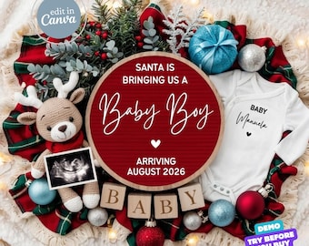 May include: A festive pregnancy announcement with a red circular sign reading "Santa is bringing us a Baby Boy, arriving August 2026." Includes a baby onesie, ultrasound image, and wooden blocks spelling "BABY."