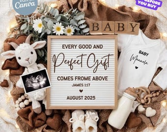 May include: A baby announcement with a white onesie, baby shoes, and a letter board that reads "Every good and perfect gift comes from above." A stuffed goat, ultrasound image, and wooden blocks spelling "BABY" are also included.