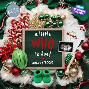 Faire-part de grossesse Noël numérique, faire-part bébé drôle, thème Grinch de Noël, modèle de révélation de bébé sexe modifiable, Surprise