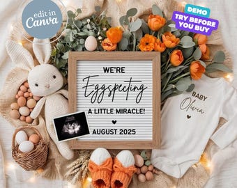 May include: A white letter board with the text "We're Eggspecting A Little Miracle! August 2025". The board is surrounded by a white crocheted bunny, a basket of eggs, orange and white baby booties, and a white onesie with the text "Baby Olivia" in brown.