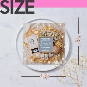 May include: A pregnancy announcement featuring a white baby onesie, ultrasound image, and baby shoes. A blue letter board reads "We're adding a little more Sunshine to our family! August 2025." The items are arranged on a white plate.