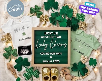 Twins St Patricks Day Pregnancy Announcement, Baby Announcement Digital, Social Media Template, Twin Baby Gender Reveal Idea, March Baby