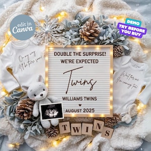Twin Pregnancy Announcement, Twin Baby Announcement, Surprise Twins Reveal, Neutral Digital Twin Announce, Editable Social Media Template
